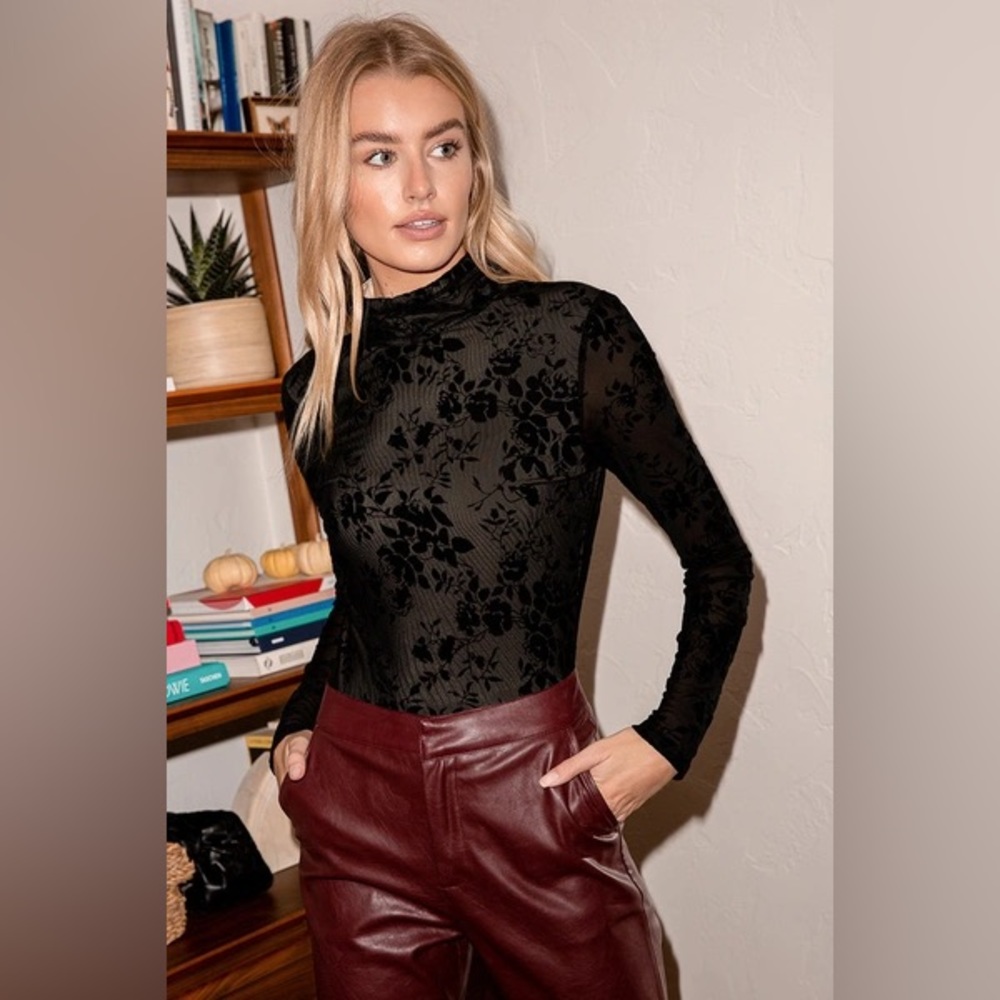 Secret Rendezvous Black Floral Mock Neck Bodysuit